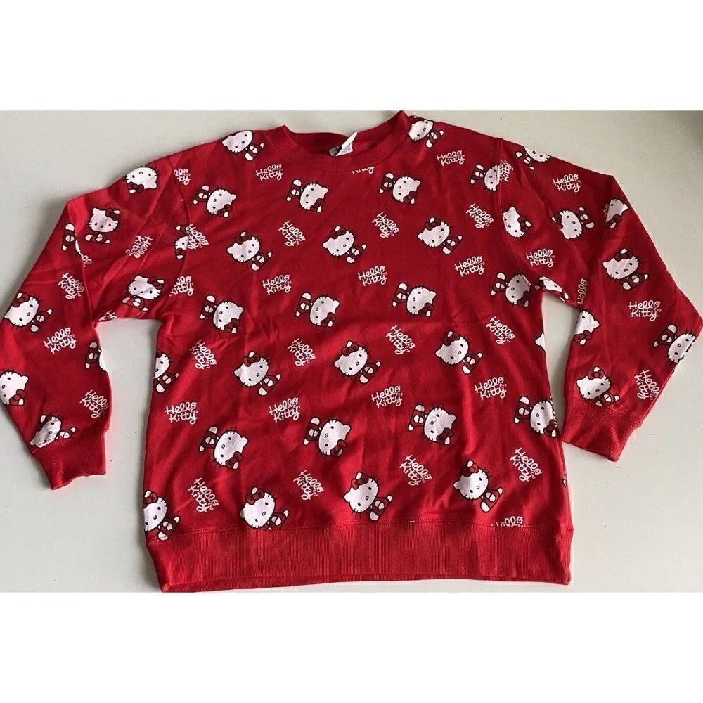 Hello Kitty All Over Red Crewneck‎ Sweatshirt Women’s Sz L NEW No Tags Bioworld